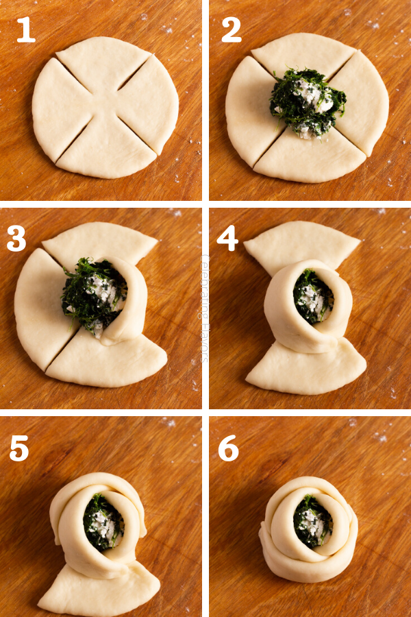  Rose shaped Spinach and feta bread rolls 
